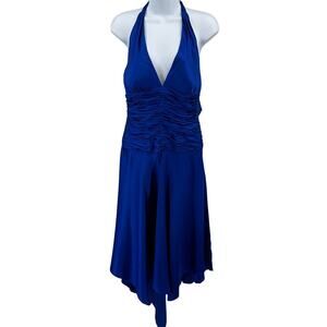 Cache Dress Women Sz 8 Cobalt Blue Halter Backless Silk Asymmetric V-Neck Formal